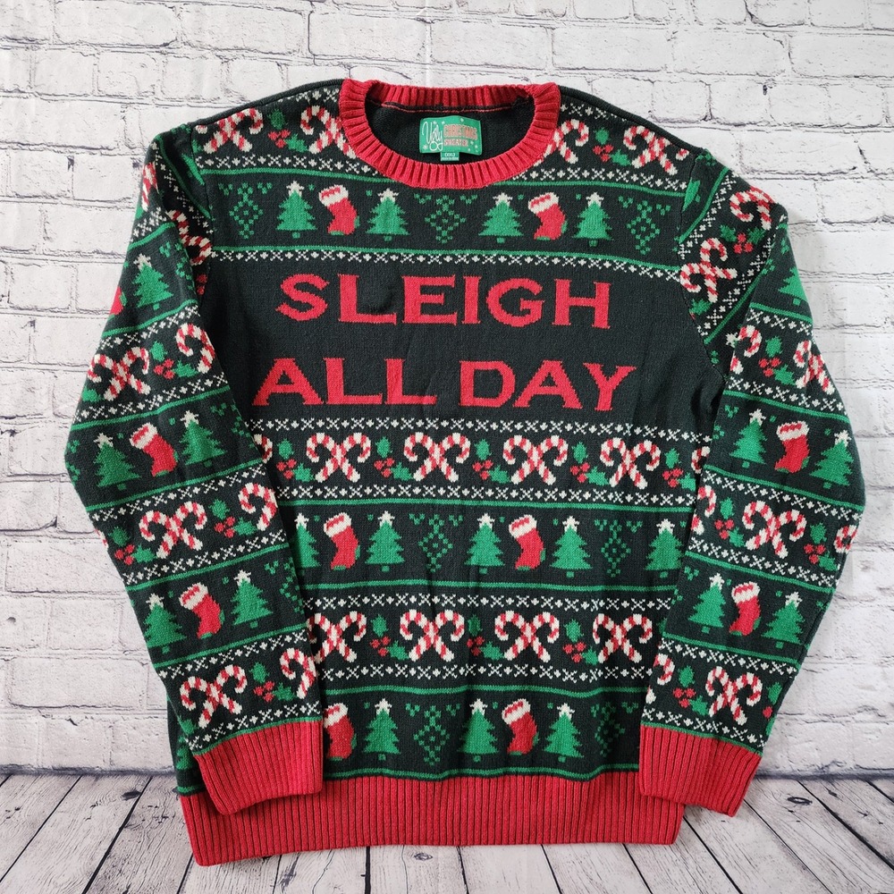 Ugly Christmas Sweater Men's XXL Sleigh All Day Candy Cane Tree Knit Pullover